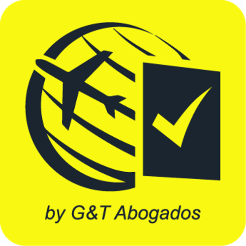 Logotipo de servicios de nacionalidad y extranjería por G&T Abogados, con un avión y una marca de verificación sobre un globo terráqueo
